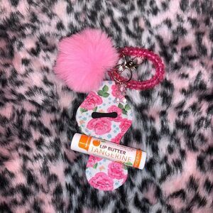 Pink Rose Chapstick Holder Keychain Set